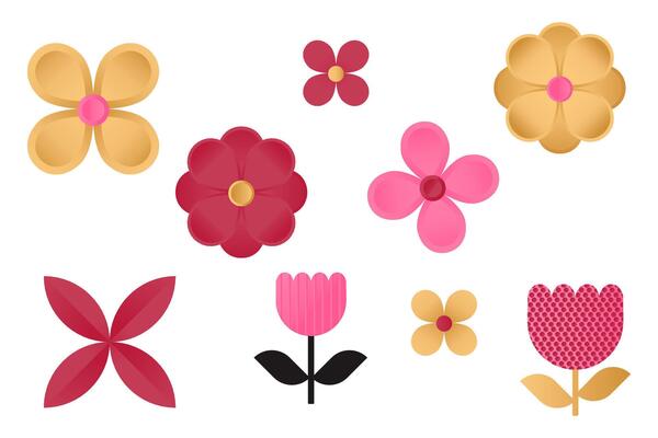 Set of colorful flowers made of geometric shapes.