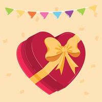 Red heart-shaped gift box with golden ribbon and bow vector