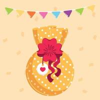 Yellow round gift bag with red ribbon and heart tag vector