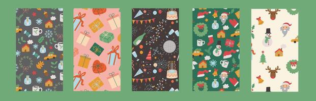 Set of vertical Christmas and New Year pattern backgrounds with celebrating elements. Templates for backdrop background poster postcards social media cover vector