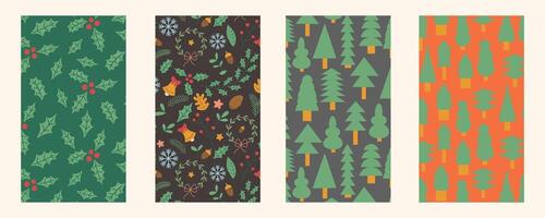 Set of vertical celebrating Christmas and New Year pattern backgrounds with herbs and trees. Templates for backdrop background poster postcards social media cover vector