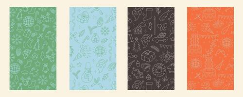 Set of vertical celebrating Christmas and New Year backgrounds with doodle patterns. Templates for backdrop background poster postcards social media cover vector