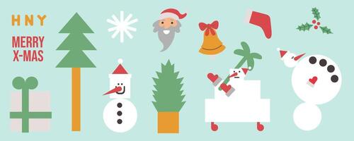 Middle Christmas and New Year sticker pack with snowman in shape flat style in . Elements for poster postcards stickers design vector