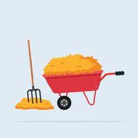 dry straw carried in a cart with a garden fork, suitable for posters and web icons vector
