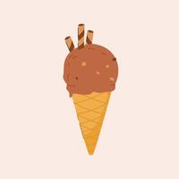 Ice cream with chocolate cone topping with wafer roll, dessert, sweet street food for poster and web icon vector