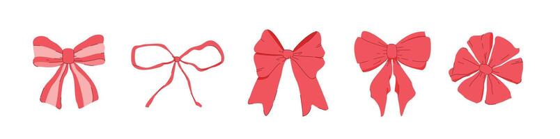 set of red ribbons with different shapes on isolated background. decorative and fashion ornaments, for posters and web icons vector