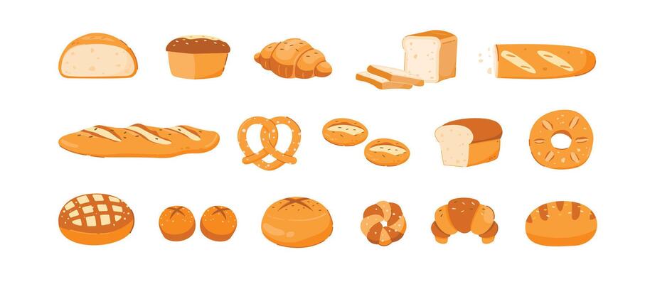 Homemade Bread collection. Various French bread products, fresh rolls, baguettes, croissants, bagels, muffins, delicious breakfast