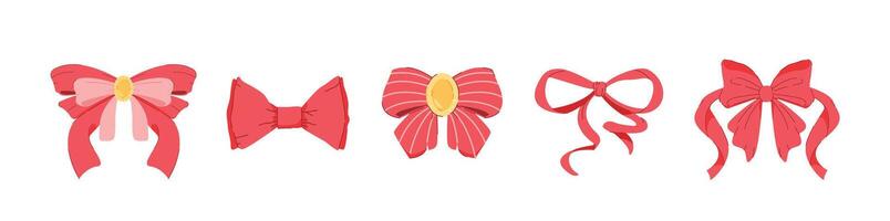 set of red ribbons with different shapes and gold decorations on isolated background. decorative and fashion ornaments, for posters and web icons vector