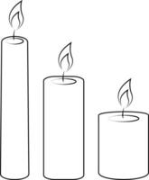 Set of three burning candles of different sizes. Outline style vector