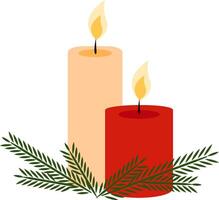 Christmas composition with two burning candles and fir tree branches. vector