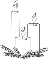 Christmas composition of three burning candles decorated with fir tree branches in outline style. vector