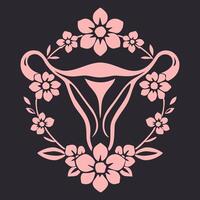 Uterus icon. Female reproductive system surrounded with flowers. Simple illustration isolated on dark background. Soft pink color vector
