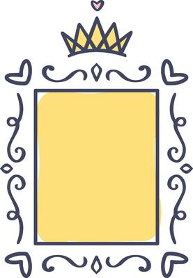 Hand drawn golden crown with hearts and flourishes decorating a yellow vertical frame, creating a royal and romantic design perfect for various projects
