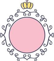 Elegant pink circle frame featuring a golden crown adorned with delicate flourishes, creating a perfect backdrop for princess themed designs and charming girly projects vector