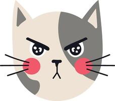 Cartoon illustration of a grumpy cat with furrowed brow and narrowed eyes, conveying anger and displeasure with pink cheeks and gray and white fur vector