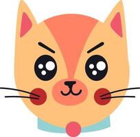 Cute cartoon cat face with big eyes and light blue collar with pink button, isolated on white background, conveying a sense of innocence and playfulness vector