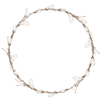 Willow Branch Wreath. Hand-drawn watercolor illustration of a round frame with delicate twigs on a white isolated background. Circular border with natural elements for logos, icons, or greeting cards. png