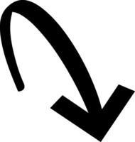 Simple, bold, black curved arrow pointing down on a white background, suitable for various design purposes, conveying direction, descent, or downward movement vector