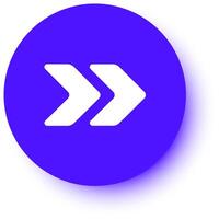 Double white arrows pointing right on a vibrant purple circle with a subtle shadow, symbolizing progress, direction, and forward movement in design and navigation contexts vector