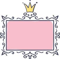 Hand drawn pink rectangular frame featuring a golden crown and elegant decorations, perfect for adding a touch of royalty and sophistication to any design project vector