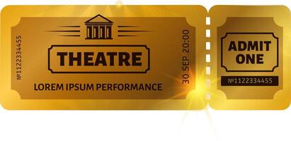 Golden ticket for a theater performance with admit one stub attached, scheduled for September 30th at 8 PM, featuring a classic theater facade icon and a placeholder name for the show vector