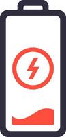 Minimalist illustration depicting a low charge battery with a lightning bolt inside a red circle on a clean white background, perfect for technology and energy themes vector