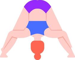 Redhead woman wearing blue and purple sportswear practicing yoga in a wide legged forward bend A frame pose, promoting flexibility, balance, and mindfulness vector