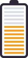 Half charged battery icon is depicted with orange representing the current charge and gray indicating the remaining capacity, symbolizing a moderate power level vector