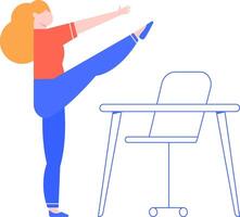 Office worker engaging in leg stretches beside desk and chair, enhancing workplace wellness and encouraging physical activity during breaks for improved health and productivity vector