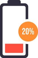 Simple battery icon representing a 20 percent charge level, effectively illustrating low power scenarios in electronic devices such as smartphones, tablets, and laptops vector