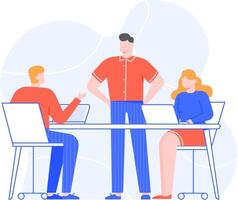 Office workers sitting around a table, engaging in a lively discussion about a project during a business meeting, highlighting teamwork and collaboration among colleagues vector