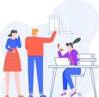 Office workers cooperating, manager giving instructions to secretary and another employee making a phone call, business team working together vector