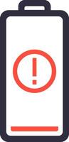 Red low battery warning sign appearing on an almost empty battery icon, indicating a critical power level and the need to recharge or replace the battery immediately to avoid device shutdown vector