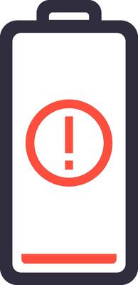 Red low battery warning sign appearing on an almost empty battery icon, indicating a critical power level and the need to recharge or replace the battery immediately to avoid device shutdown