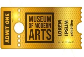 Golden ticket for Museum of Modern Arts exhibition with admit one text and serial number on wavy textured background representing access and invitation vector