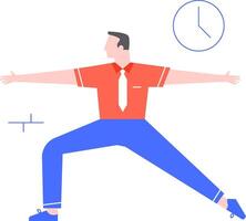 Office worker engaging in yoga stretches and exercises during break time, enhancing health and wellness while promoting relaxation and balance in a busy work environment vector