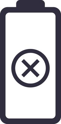 Simple battery icon with cross sign indicating low power, symbolizing the need for charging or replacement, ideal for user interfaces or energy related designs