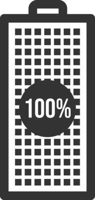 Displaying a fully charged battery icon with a vibrant 100 percent power level, representing complete energy storage and optimal readiness for immediate use in various devices