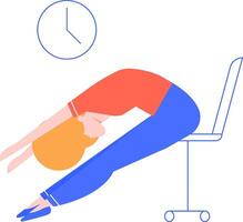 Office worker stretching using her chair, relaxing muscles while keeping an eye on the clock and working on a laptop, promoting wellness and productivity during the workday vector