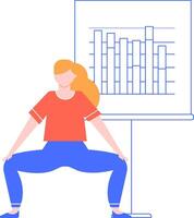 Office worker performing squats during break time, promoting workplace wellness and active lifestyle, enhancing productivity and focus in the office environment with graph on flip chart vector