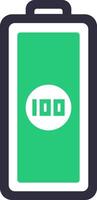 Fully charged battery icon indicating a complete one hundred percent charge level, representing power and energy concepts with a vibrant green and white design against a clean white background vector