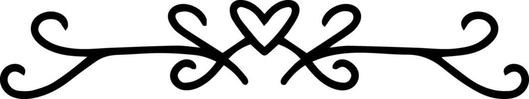 Horizontal black and white divider with heart and calligraphic swirls creating a vintage decorative element for wedding invitations or romantic designs vector