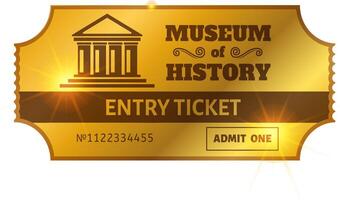 Golden entry ticket for a museum of history, featuring a classical building icon and admitting one person, evoking a sense of historical exploration and cultural experience vector