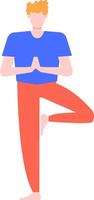 Blond man practicing yoga tree pose, balancing on one leg with hands in prayer position, promoting physical and mental wellness through mindful exercise vector
