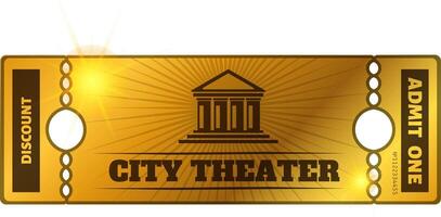 Shiny golden ticket for City Theater with discount and admit one allowing access to cultural event, offering an unforgettable artistic experience vector