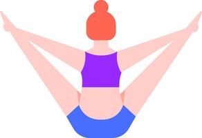 Rear view of a flexible woman practicing a variation of the yoga boat pose with legs wide open, enhancing health, promoting wellness, and improving flexibility in her body vector