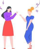 Two women are having a disagreement, gesturing with their hands and displaying frustration through symbols like lightning bolts and a hashtag, representing conflict and tension in communication vector