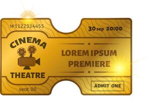 Golden cinema ticket for a movie premiere showing date, time, seat and number, with a vintage camera and light flares on a white background vector