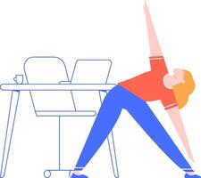 Young businesswoman stretching at her desk, performing a triangle pose variation, promoting workplace wellness and incorporating physical activity into her workday routine vector