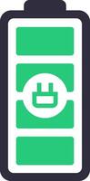 Charging battery icon displaying a plug symbol alongside a vibrant green charge level, illustrating electric power, energy flow, and the charging process for various devices vector